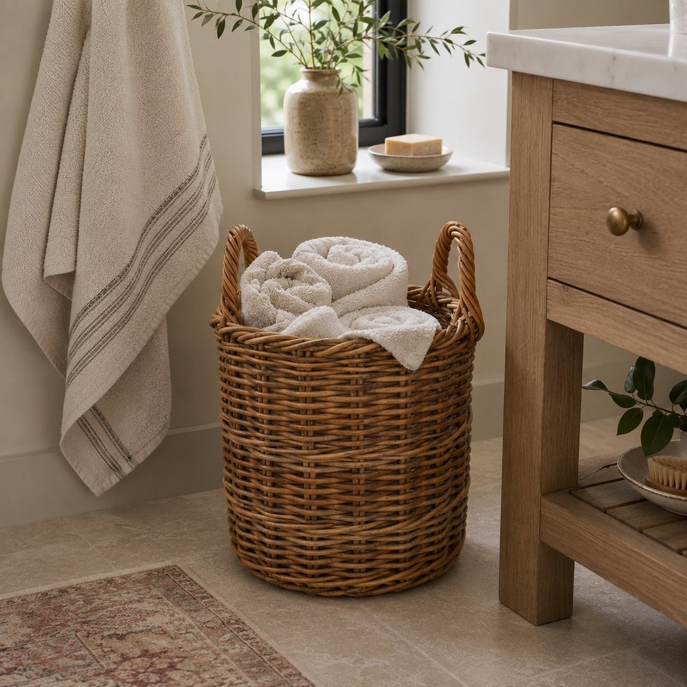 Vintage Wicker Handles Storage Basket English Cottage Decor Small Catchall